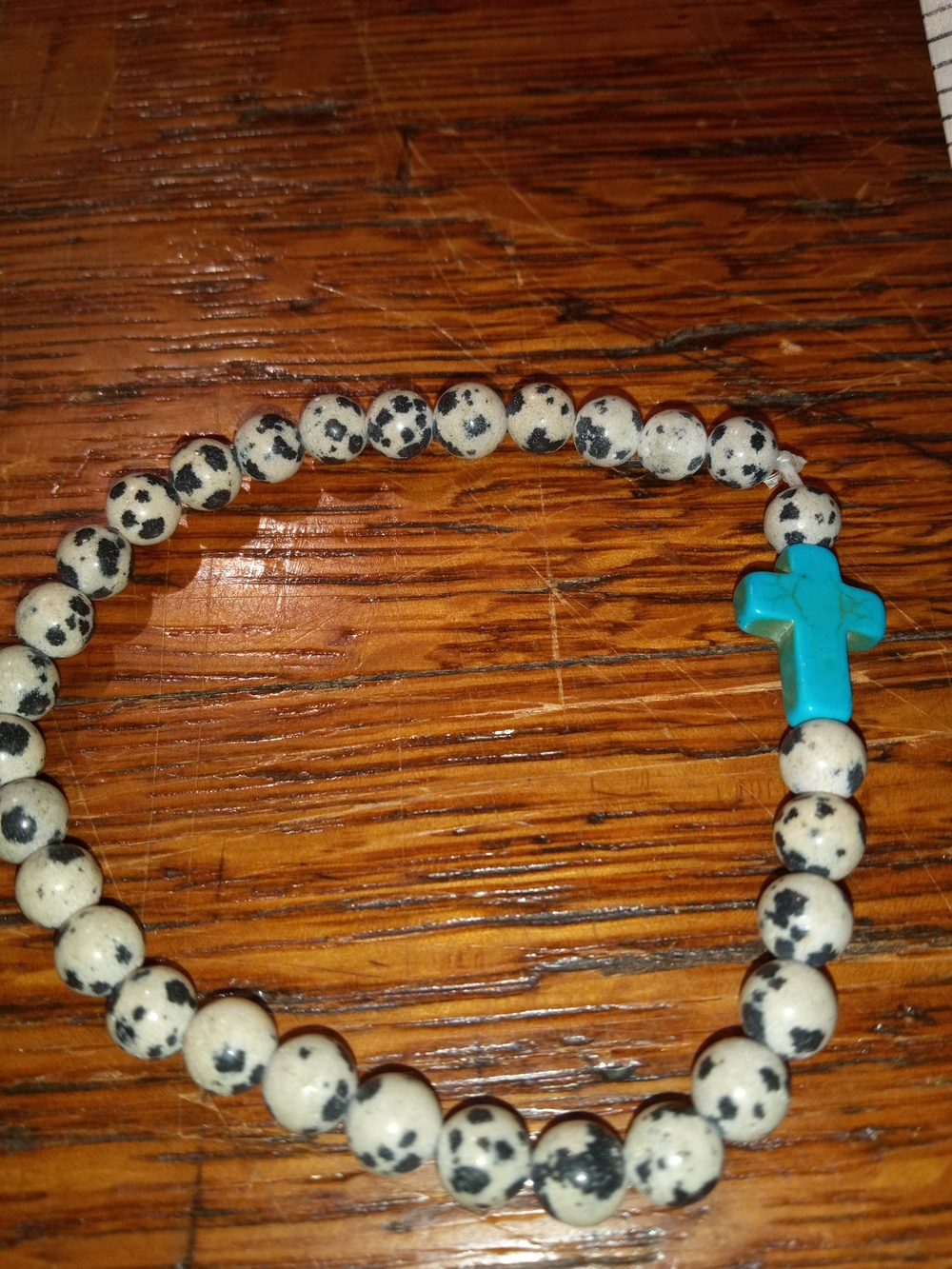 Dalmatian Jasper Beaded Bracelet with Turquoise Cross